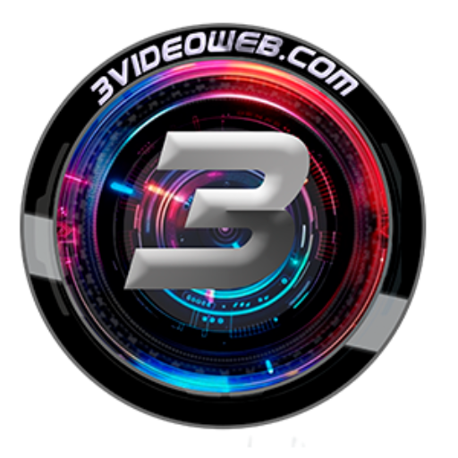 Logotipo oficial de 3videoweb.com con un diseño circular que integra una lente de cámara estilizada, destellos tecnológicos en rojo y cian, un gran número 3 metálico en el centro y el nombre de la marca en la parte superior."