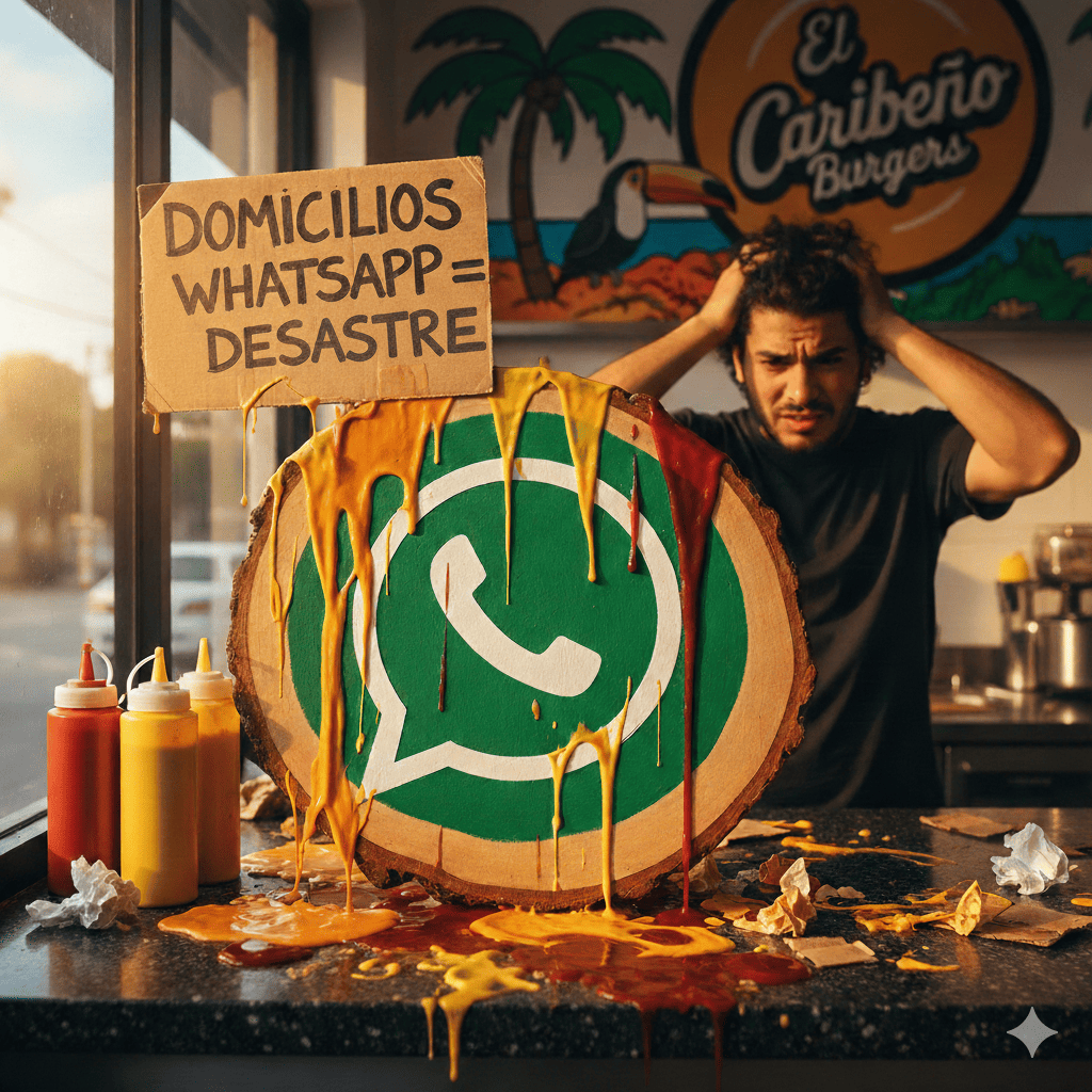 Hombre frustrado en un restaurante de hamburguesas con las manos en la cabeza, junto a un logo de WhatsApp cubierto de salsas derramadas y un cartel de cartón que dice "DOMICILIOS WHATSAPP = DESASTRE".