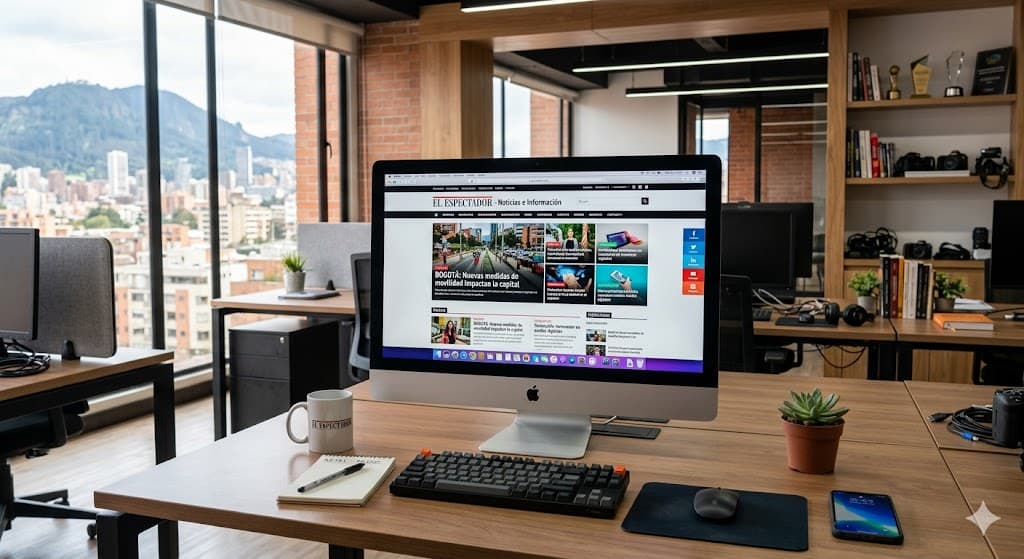 Oficina de medios moderna en Bogotá con pantalla que muestra un sitio web funcional, ideal para el desarrollo digital de 3videoweb.