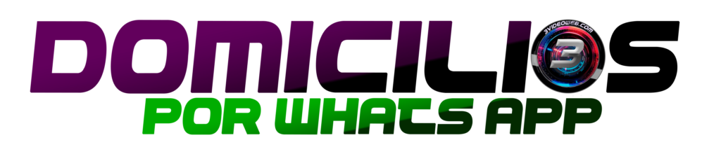 Logotipo y banner de servicio que dice "DOMICILIOS POR WHATSAPP" en letras grandes moradas y verdes, integrando el isotipo circular de 3videoweb con el número 3 en la letra O final.