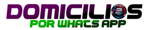 Logotipo y banner de servicio que dice "DOMICILIOS POR WHATSAPP" en letras grandes moradas y verdes, integrando el isotipo circular de 3videoweb con el número 3 en la letra O final.